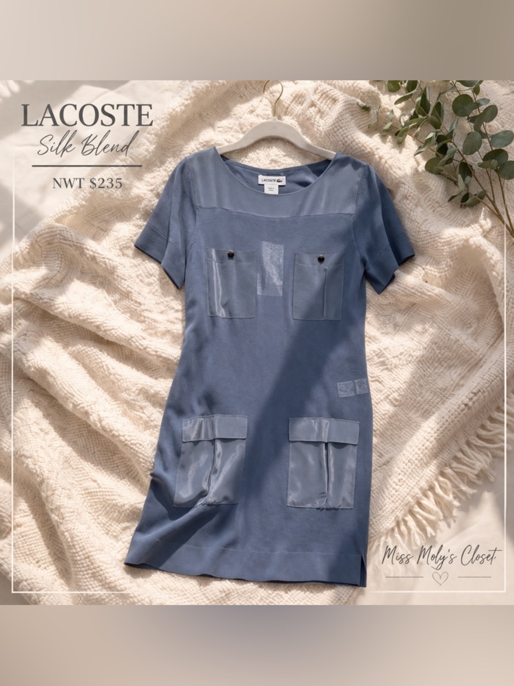 Lacoste Silk Blend Dress Blue NWT Designer Size 38/6